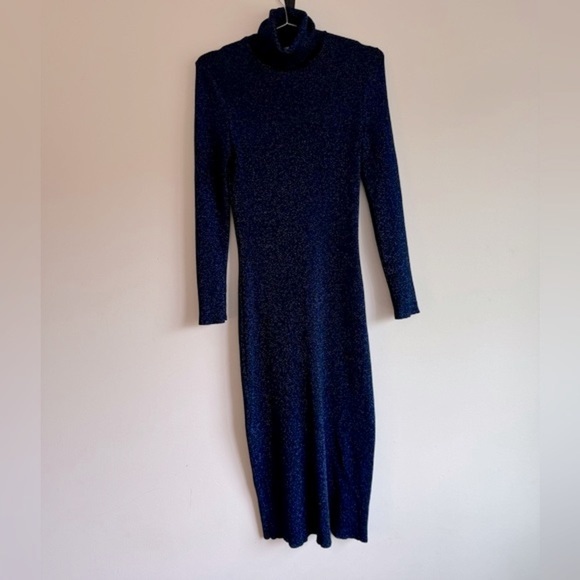 Zara High Neck Blue Metallic Knit Midi Dress - Picture 4 of 9